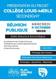 Flyer Réunion publique pour la présentation du collège Louis-Merle à Secondigny